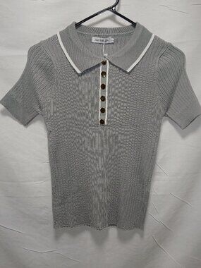 Nali Collection Ribbed Knit Button‑Front Top L/MXLGray White Trim